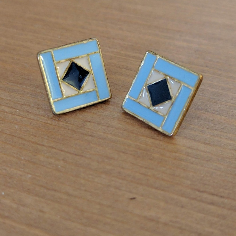 Square Geometric Pattern Enamel Stud Earrings